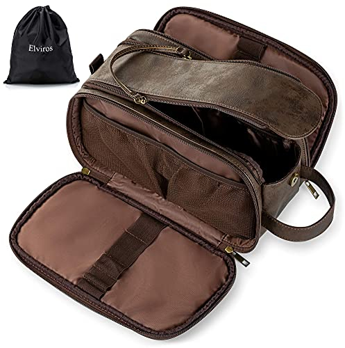 Elviros Kulturbeutel PU-Leder für Herren große wasserdichte Reise-Kulturtasche Waschtasche im Bade Kosmetiktasche mit einem Nass-Trockenbeutel, Schokoladenbraun