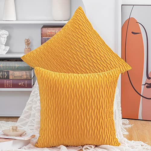 Madizz 2er Set Samt Dekorativ Zierkissenbezüge Luxus Stil Kissenbezug für Sofa für Schlafzimmer Gelb 50x50 cm Quadrat
