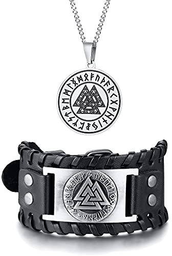 FLHEART Wikinger Halskette für Herren Valknut Odins Krieger Amulett Anhänger Halskette und schwarzes Leder Armband Set Kandare Kette 24 für Vatertag Freundschaft