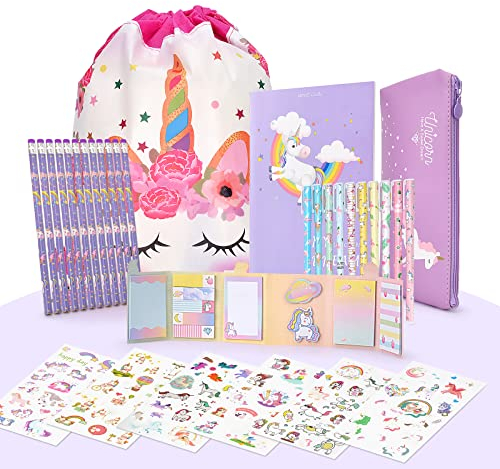 Licorne Jouet pour Fille 6 7 8 9 10 11 12 Ans, Cadeau de Papeterie pour Filles, Comprennent Trousse et Crayons et Sacs de Cordon et Autocollants et Carnet, Violet