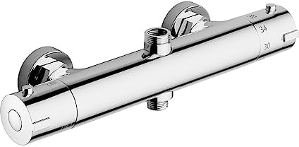 MORADO Duscharmatur Mit Thermostat, Armatur Dusche Mit 2 Auslässen, 3/4 BSP (26,4 mm) Auslass Oben und 1/2 BSP (21 mm), Runde Form, Verchromt