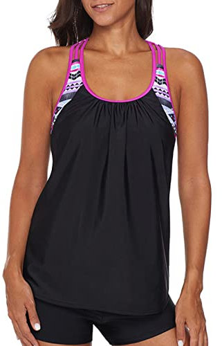 IHCEMIH Bañador Mujer Tankini Push up Relleno Dos Piezas Bañadores Conjunto Reductor Barriga Cintura Alta Boxer Traje de Baño Ropa de Playa Natacion Piscina Deportivo Tankinis Verano Negro Rosa XXL