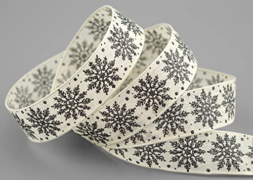 20 m x 25 mm Dekoband ADAM Creme Schwarz Schneeflocken Geschenkband mit Drahtkanten Schleifenband Deko Glanz glänzendes Band Weihnachten Snowflakes basteln Draht Glitzer Winter