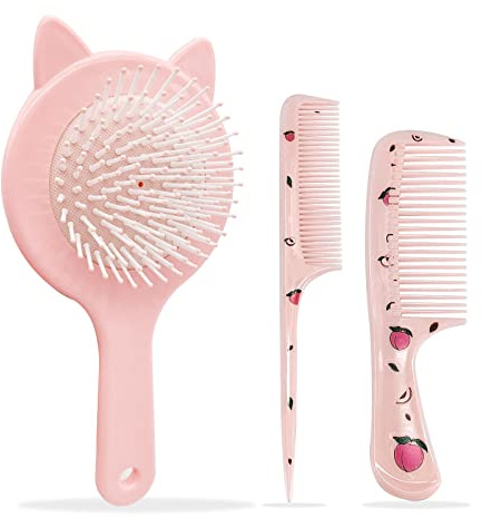 EQLEF Lot de 3 brosse-peigne à cheveux enfant - Brosse démêlante et massage - Rose