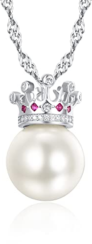 TANGPOET Perlenkette 925 Sterling Silber Kette Mit Perlen Krone Halskette SüßWasserperlen Anhänger Valentinstag Schmuck Geschenke für Frauen Damen Mädchen Kinder