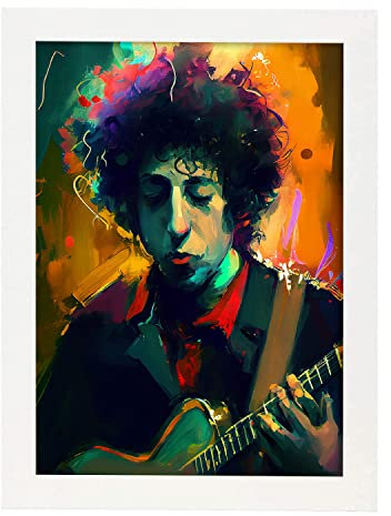 Nacnic Bob Dylan in voller Farbe Fotostil. Cartoon-Illustrationen berühmter Musiker und Künstler. Innenarchitektur und Dekoration. A3 mit weißen Rahmen.