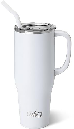 Swig Life Mega taza de 40 onzas, vaso de 40 onzas con asa y popote, vasos aislados extragrandes, taza de viaje apta para portavasos (blanco)