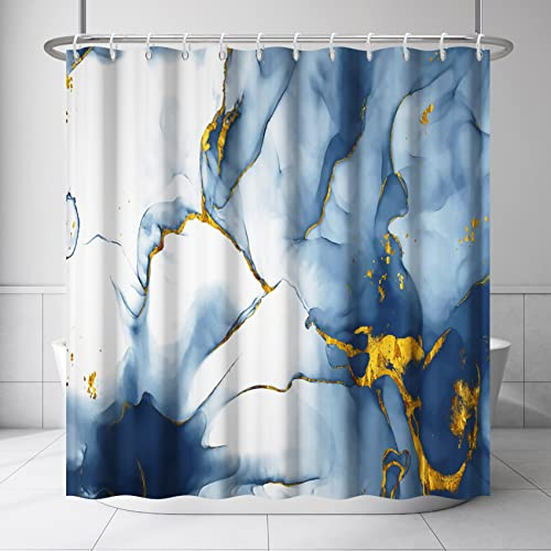 Ttincceer Marmor Duschvorhang 152x183cm Ombre Blau Tinte Marmor Bad Vorhang mit Haken Aquarell Blau mit Gold Muster Duschvorhänge Wasserdicht Badewanne Vorhang