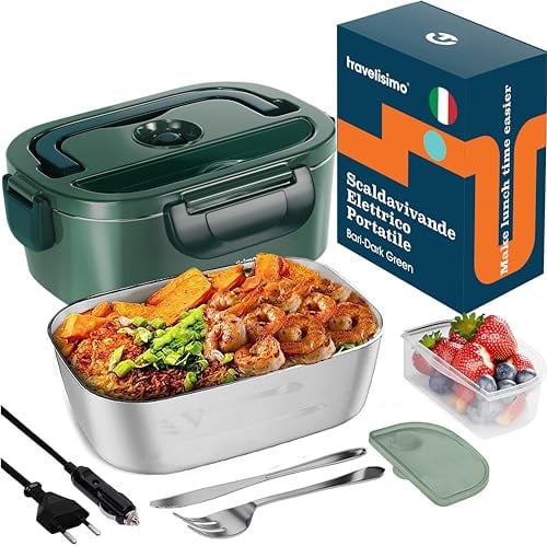 TRAVELISIMO Scaldavivande Elettrico Portatile, 80W 1,5L Porta Pranzo Riscaldabile, 220V/12V/24V Scalda Vivande Portatile Elettrico per Auto Camion e Ufficio - Portapranzo Riscaldabile Portatile