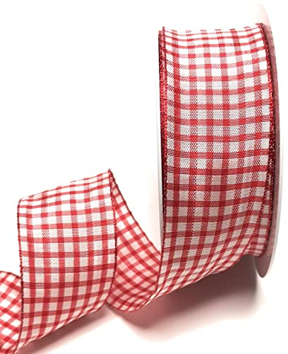 s.dekoda Schleifenband 20m x 40mm Rot - Weiß Karoband kariert Vichykaro Dekoband mit Draht [3850]