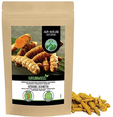 Alpi Nature Radice di Curcuma Tagliata 250g, Pezzi di Radice di Curcuma Essiccata e Tagliata, Tè Sfuso