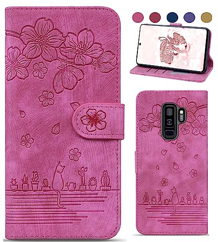 Coque pour Samsung Galaxy S9 Plus, Protection Housse en Cuir PU Premium Etui à Rabat Pochette de Portefeuille et Magnétique Flip Folio Phone Case avec [Fonction Support] pour Galaxy S9 Plus - Rose