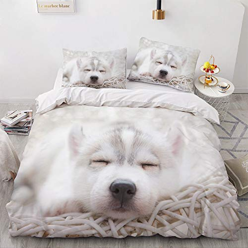 YASMENG Kinder Bettwäsche 135x200 Hundemotiv Husky Weiß 3D Bettbezug Set Weich Mikrofaser Bettwäsche 2teilig für Teenager Geschenke Jungen Mädchen mit Reißverschluss und 80x80 cm Kissenbezug