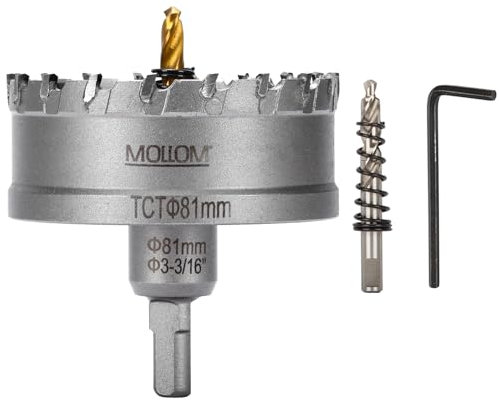 Mollom (81mm | 3-3/16) Scie cloche en carbure pour usage intensif avec 2 forets pilotes, coupe l'acier inoxydable, l'acier doux, le fer, le cuivre, le laiton et le plastique