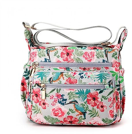 YYW Crossbody-Tasche für Damen, groß, mehrere Taschen, lässige Reisetasche, Kuriertasche für Einkaufen, Wandern, den täglichen Gebrauch, Blume mit Grau, Einheitsgröße