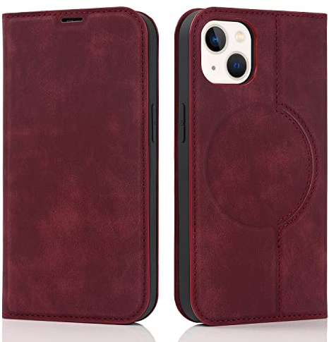QLTYPRI Wallet Case for iPhone 15 6.1 inch Compatible with Magsafe Charger, Magnetic Flip Folio PU Leather Phone Case with RFID Blocking Card Slots Kickstand Shockproof Cover - Wine Red