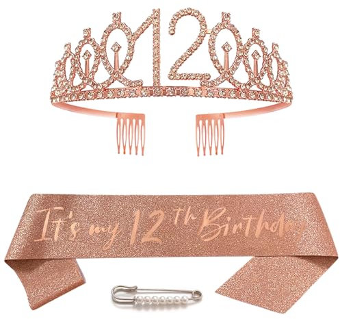 12. Geburtstag Schärpe Krone für Mädchen Roségold Kristall Queen Tiara Princess Crown 12th Birthday Schärpe 12. Geburtstagskrone Birthday Party Accessoires Geburtstagsdeko 12th Geburtstagsgeschenk