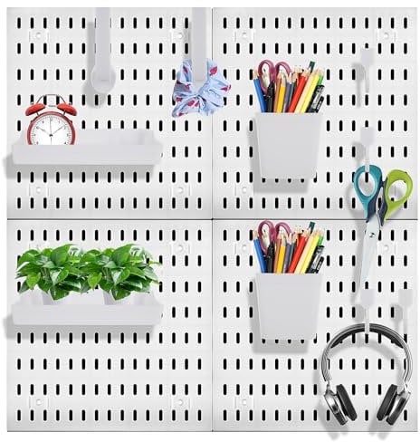LDXDRU 60 x 60cm Pegboard Combination Kit, Wall Organiser With Accessories, White Plastic Board for Garage Wall Storage, Kitchen Home Tool Storage - 4 Panels of 30 x 30cm