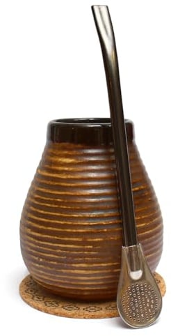 Mate Green Yerba Maté Set ● Tasse à Maté en Céramique 350 ml ● Paille Bombilla en Acier Inoxydable 19 cm ● Calebasse Faite à la Main ● Tampon en Liège