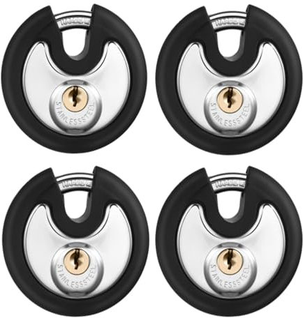 Chumia 4 Pack 70 mm Keyed Alike Padlocks Outdoor Round Stainless Steel Discus Pad Lock with Keys for Storage Unit, Sheds, Garages and Fence, Rubber Bumper Sheath (Black)