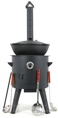Utschak Feuerofen Ø 40 cm mit Thermometer & Ofenplatte | Gusseisen Topf 12 L, Ø 42,5 cm | Kazan-Set mit Deckel & Zubehör | Outdoor Feuerschale & Gulaschkanone | Dutch Oven, Учаг, Gartenküche