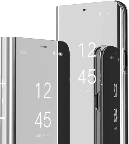 SIYOPINPFY Case for iPhone 11 Pro Case, Deluxe Glitter Plating Mirror Makeup Clear View Shell 360 Full Body Protective Flip Stand Shockproof Phone Case for iPhone 11 Pro, Mirror Silver