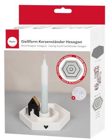 Rayher Silikon Gießform Kerzenständer Hexagon, 16 x 14 cm, Höhe 2,5 cm, inklusiv 3x5 Schablonen, zum Ausgießen mit Kreativ-Beton, Raysin-Gießpulver, 36167000