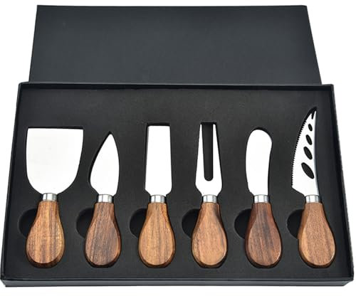 GXIQYL 6-Piece Cheese Knife Set,Cheese Knives Slicer Cutter Fork Spreading Knife,Wood Handle Stainless Steel Slicer Cheese Fork, Cheese Slicer, Gifts for Cheese Lovers, Christmas, Anniversary, Party