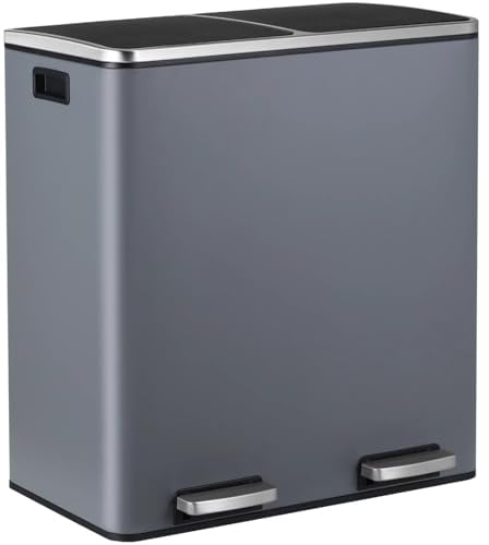 LIFERUN Cubos De Basura De Reciclaje de Doble Compartimentos con 2x 30 L Cubos Interiores de Plástico y Asas, Bote de Basura de Metal con Tapa de Cierre Lento y Pedal, Gris