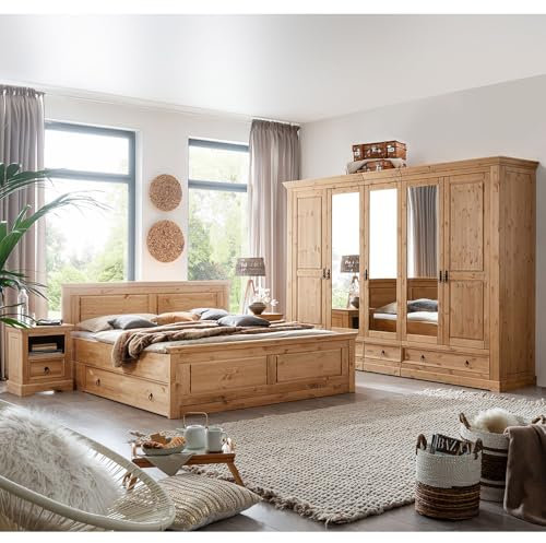 Lomadox Schlafzimmer Set 6-teilig mit Kleiderschrank, Doppelbett 180x200cm, 2 Bettschubladen, 2 Nachttische in Kiefer massiv, eichefarben geölt
