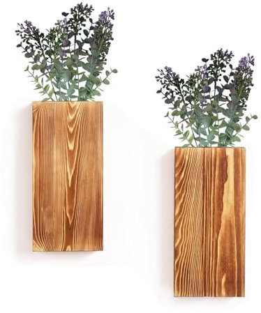 Accmuzzy Wandvase für Pflanzen, 2er Set Holz Wand Pflanzgefäße mit Künstlichen Pflanzen, Indoor Outdoor Wanddeko Vase, Wanddeko Holz für Wohnzimmer, Schlafzimmer, Flur, Wand Blumentopf