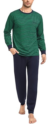 Sykooria Herren Schlafanzug lang mit Bündchen aus Baumwolle Zweiteiliger Pyjama Herren lang, Langarm Shirt & Schlafanzughose