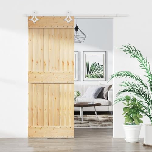 Gecheer Set Porta,Scorrevole,del Granaio,con Kit Binario,Se Hardware,Ferramenta,in Legno di Pino,Naturale e Bianco,B,80x210 cm,Binario 183 cm,Porta del Granaio Sorrevole con Kit Binario