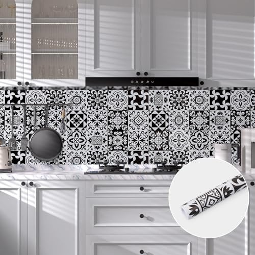 Abyssaly Credence Adhesive pour Cuisine Noir, Imperméable Credence Adhesive Stickers Carrelage, Autocollant Carrelage pour Cuisine Bain Chambre Placard Salle Salon 44cm X 300cm