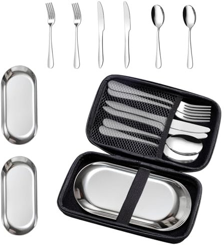 Couverts de camping pour 2 personnes, 9 pièces, couverts de pique-nique en acier inoxydable pour l'extérieur, couverts de camping portables en acier inoxydable pour pique-nique et voyage avec couteau,