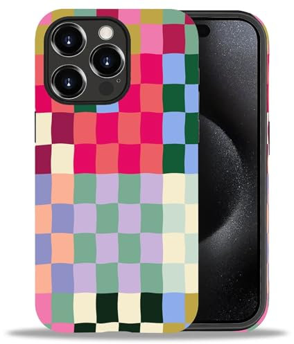 artslion 2 in 1 Cute Hülle für iPhone 16 Pro 6.3 Zoll, Stoßfest FallSchutz Handyhülle bunt kariert Sturzschutz Case