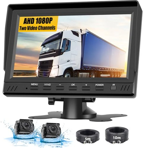 Hikity DVR Cámara Trasera de Coche de AHD, Monitor de 7 y Camara de Marcha Atras Impermeable Dual Cámaras de Visión Nocturna Ajuste Gran Angular Cables 12-36V