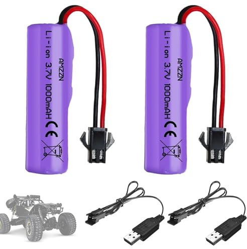 SKIKHN Lot de 2 batteries au lithium rechargeables 1000 mAh 3,7 V avec câble de charge UBS SM-2P - Batterie Li-ion universelle compatible avec véhicules radiocommandés, bateaux, chars, voitures,