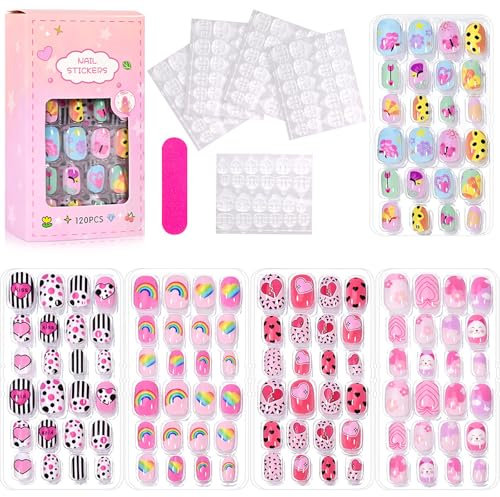 120pcs kids Stick on Nails - Kawaii Pink Fake nails for Kids - Kids False Nails for Girls - Short Press on Nails with Stickers - Full Cover nail Tips Butterflie,Heart,Rainbow Decoration