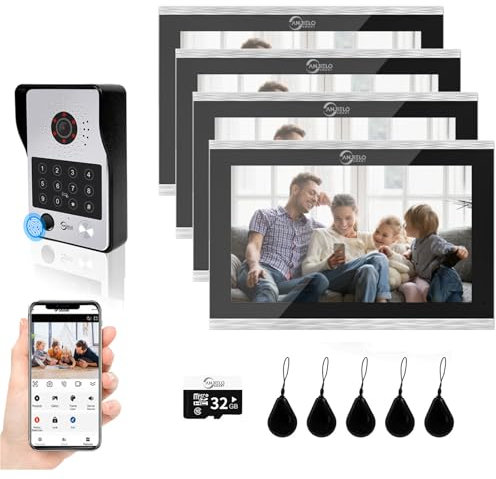 Videoportero con cable Sistema de intercomunicación de apartamentos,Monitor táctil de 10 pulgadas,Cámara HD 1080P Timbre,Huella dactilar,Tarjeta RFID,Desbloqueo por contrase (1 Timbre+4 Monitor)