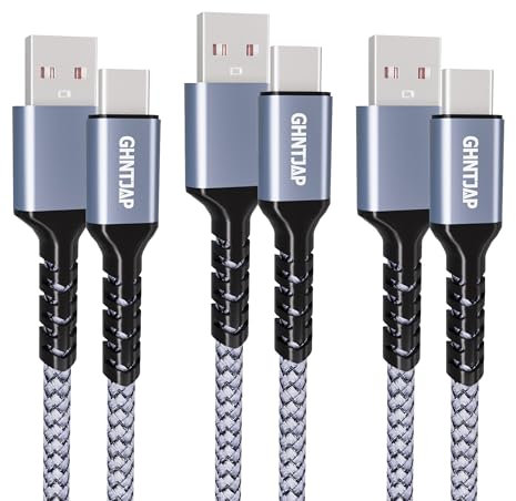 GHNTJAP USB C Charger Cable, 3Pack 0.5M+1M+2M USB to USB C Cable 3A Fast Charging Nylon Braided Compatible with iPhone16/15,Galaxy S24/S23/S22,Huawei,Pixel,iPad,Switch - Grey