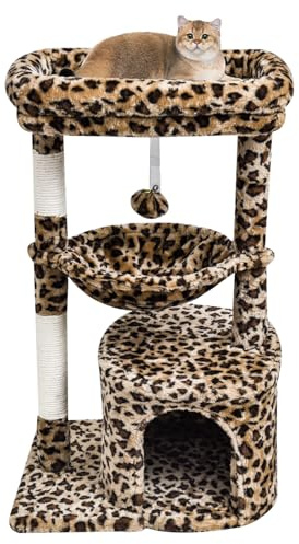 SYANDLVY Small Leopard Print Cat Tree for Indoor Cats, Modern Cat House | Cat Tower with Scratching Post & Padded Perch, Kittens Condo with Cradle, Cat Cave