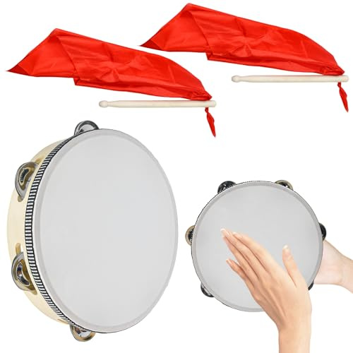 VGECEE Tambourin Tambour, Tambour Main à Une Rangée Tambourin Instrument Tambourin en Bois à Main Instrument de Musique Portable, avec 2 Baguettes, pour Jeu Fêtes Danses Accompagnement
