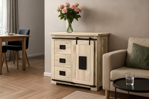 SAM Sideboard Libro VI 90x45x85 cm, Akazie Eiche, Kommode | mit Holzschiebetür, 3 Schubladen & 2 offenen Fächern, Türelemente & Reling aus Eisen, Akazienholz eichefarben & massiv