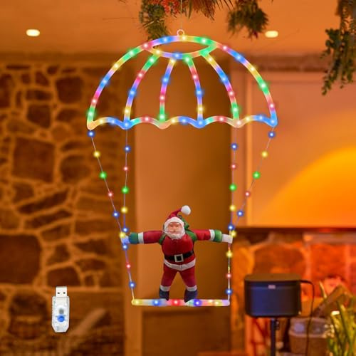Weihnachtsbeleuchtung Lichterkette Fallschirm mit Weihnachtsmann, 8 Modi LED mit Timer & Gedächtnis, IP65 Wasserdicht Christmas Lights für Weihnachtsdeko Innen Außen Fenster Balkon Weihnachtsbaum (C)