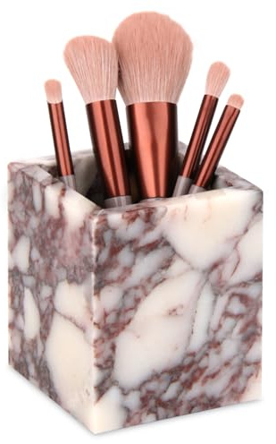 TABHOUKIT Marble Toothbrush Holder, Calacatta Viola, 8.5 x 8.5 x 10 cm | Natural Marble, Bathroom Storage Organizer, for Makeup Brushes, Utensils, Bathroom Sink, Vanity Accessories