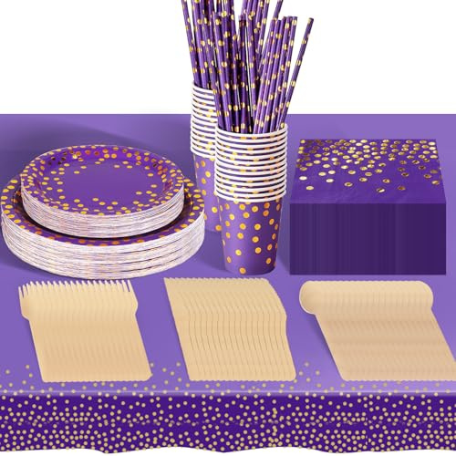 hailstones Viola Oro Stoviglie per Feste 226 Pezzi Stoviglie Carta Set Include Piatti di Carta Tovaglioli Tazze Tovaglia, per Nuziale Doccia, Fidanzamento, Matrimonio, Compleanno (25 Ospiti)