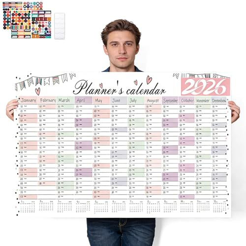 hankousi 1 Stück DIN A1 Wandkalender für 2026, 14 Monate Jahresplaner mit Planerkalendertext, weißes Kraftpapier, Hängeplaner für Büro, Zuhause und Firmengeschenke
