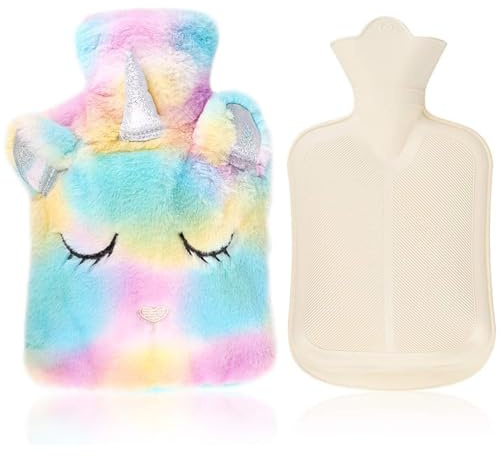 Hot Water Bottle with Cover,Removeable & Washable Soft Unicorn Bottle Cover,Natural Rubber 1 L