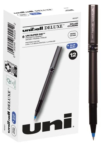 Deluxe Roller Ball Stick Waterproof Pen, Blue Ink, Micro, Dozen